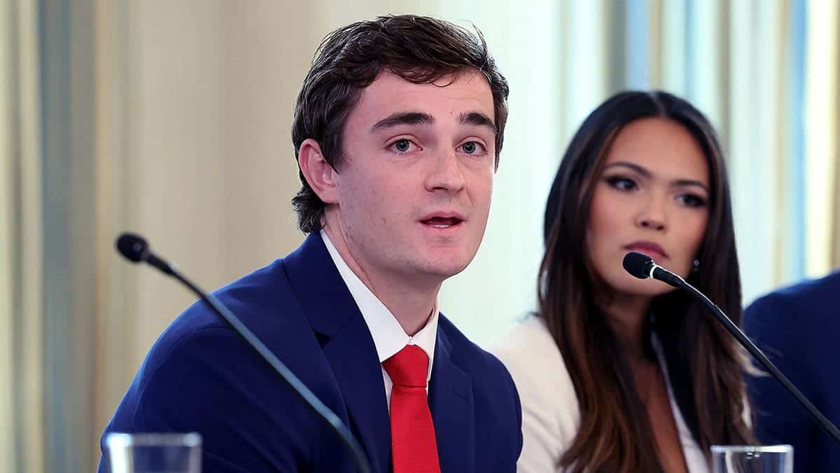 Independent journalist Nick Shirley speaking during a roundtable in the White House State Dining Room