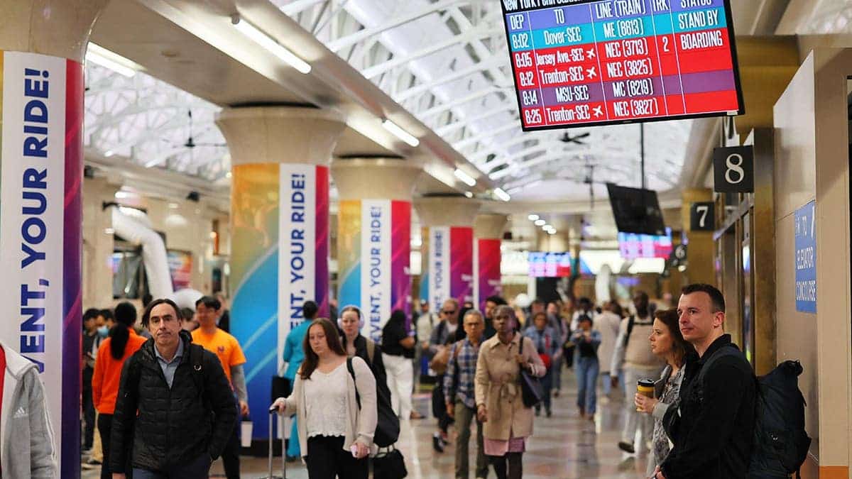 Commuters walking through NJ Transit section of Penn Station in New York City