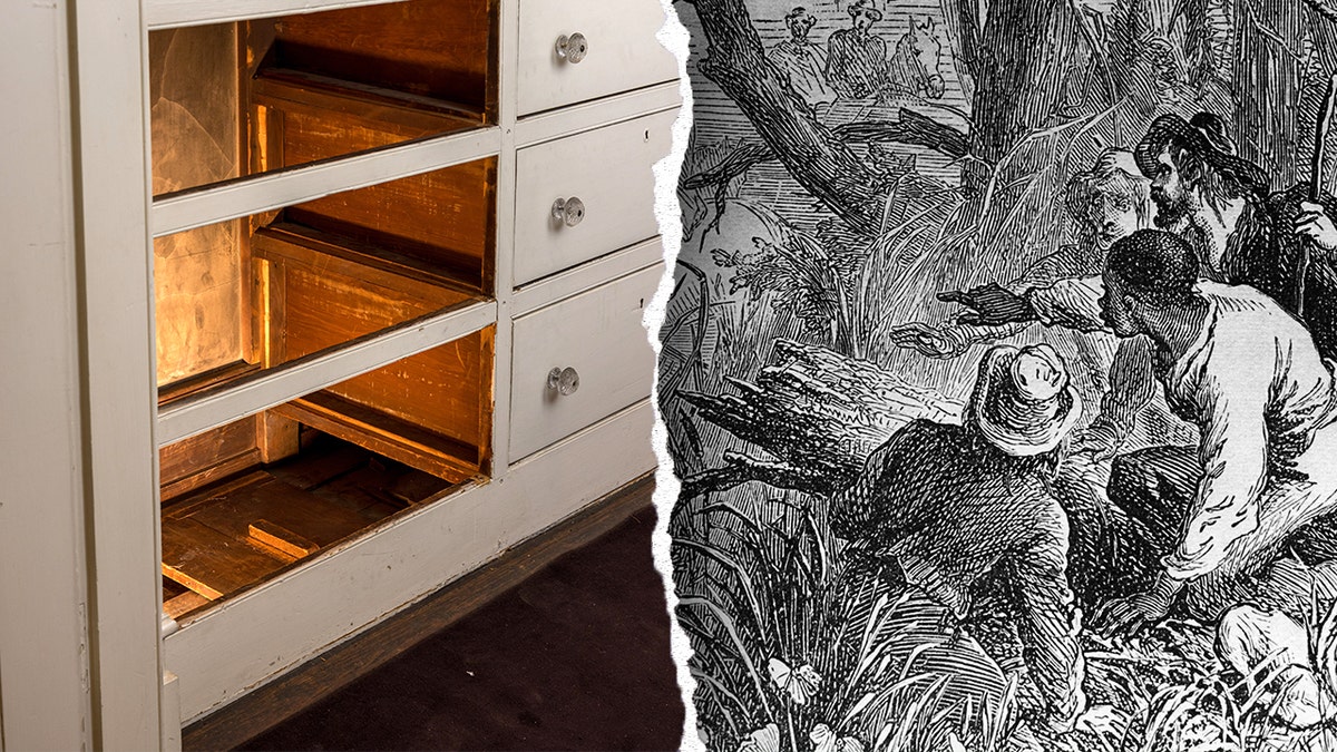 Split image of passageway, Underground Railroad illustration