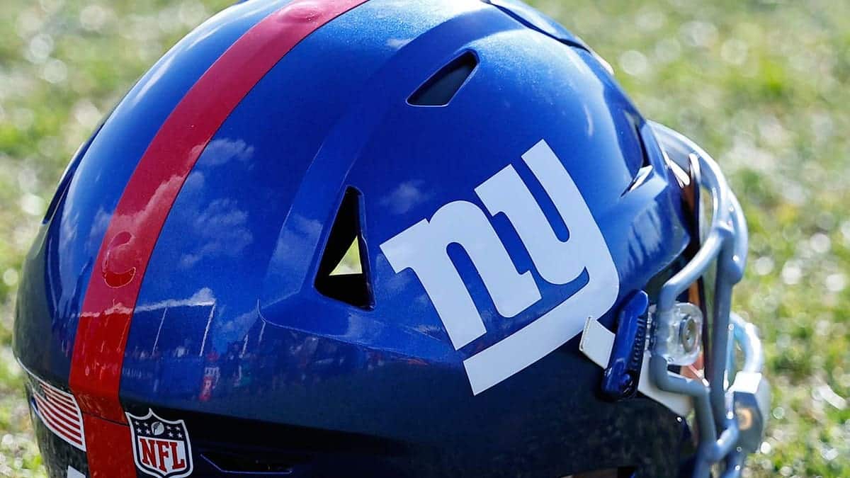 New York Giants helmet on a field during training camp