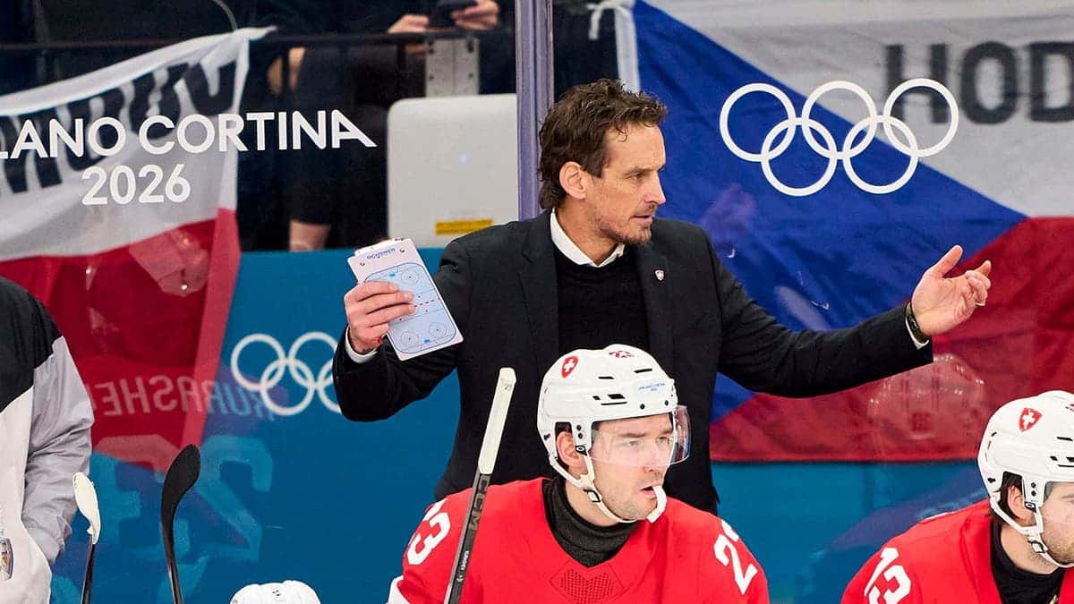Head coach Patrick Fischer of Switzerland reacting during ice hockey game in Milan