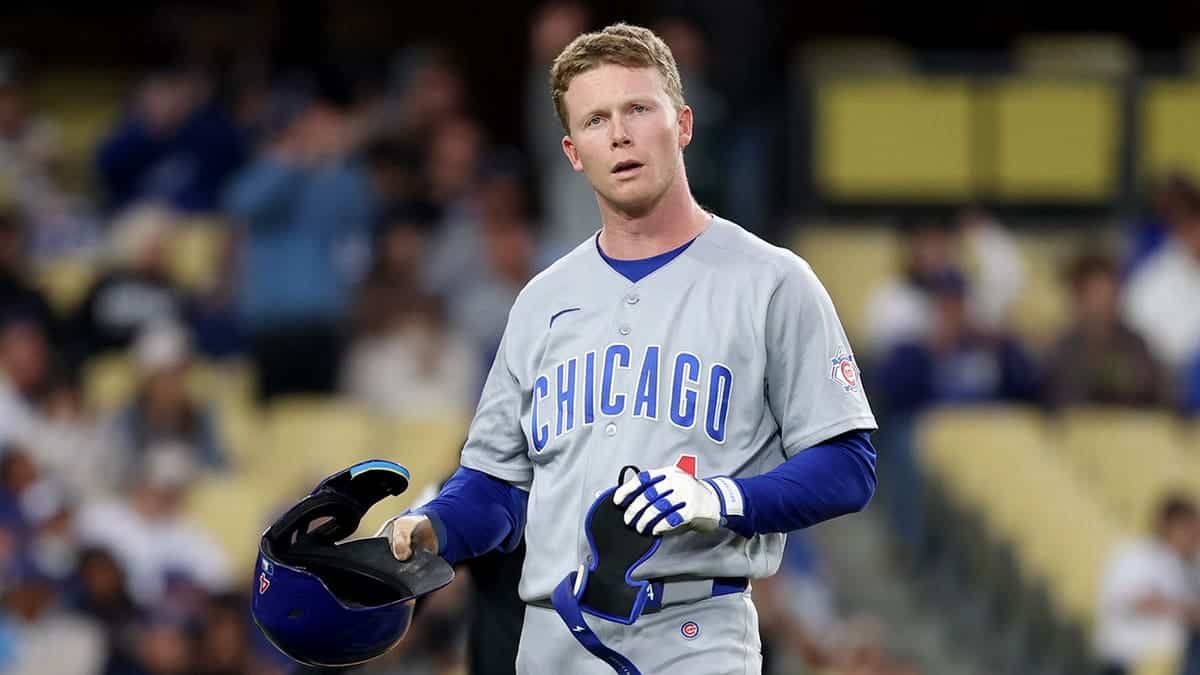 Chicago Cubs outfielder Pete Crow-Armstrong reacting after striking out at Dodger Stadium