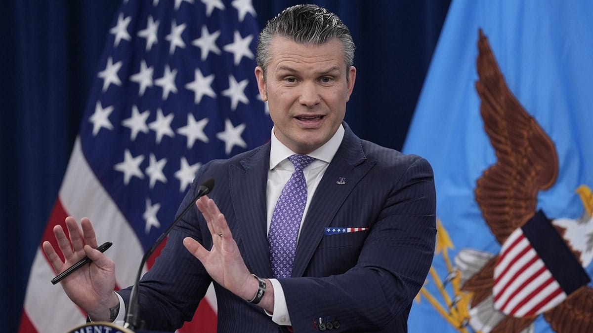 Defense Secretary Pete Hegseth speaking during a press briefing at the Pentagon