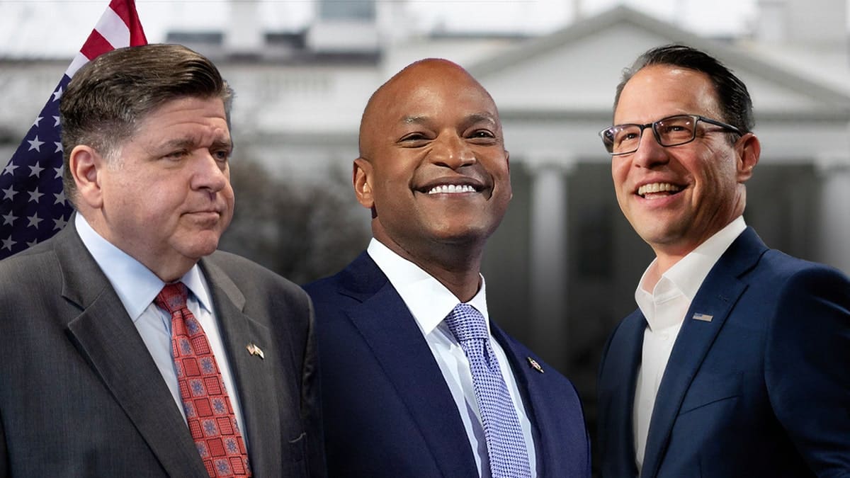Democratic Govs. J.B. Pritzker, Wes Moore and Josh Shapiro with the White House in the background.