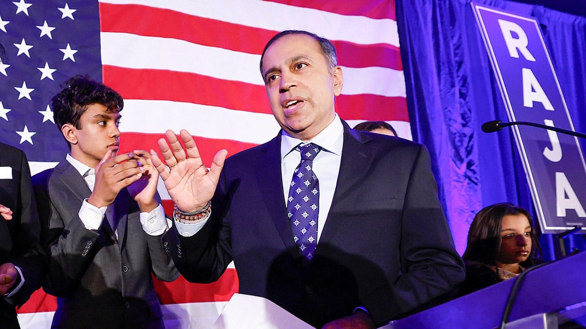 Rep. Raja Krishnamoorthi standing on stage at The Westin Michigan Avenue in Chicago
