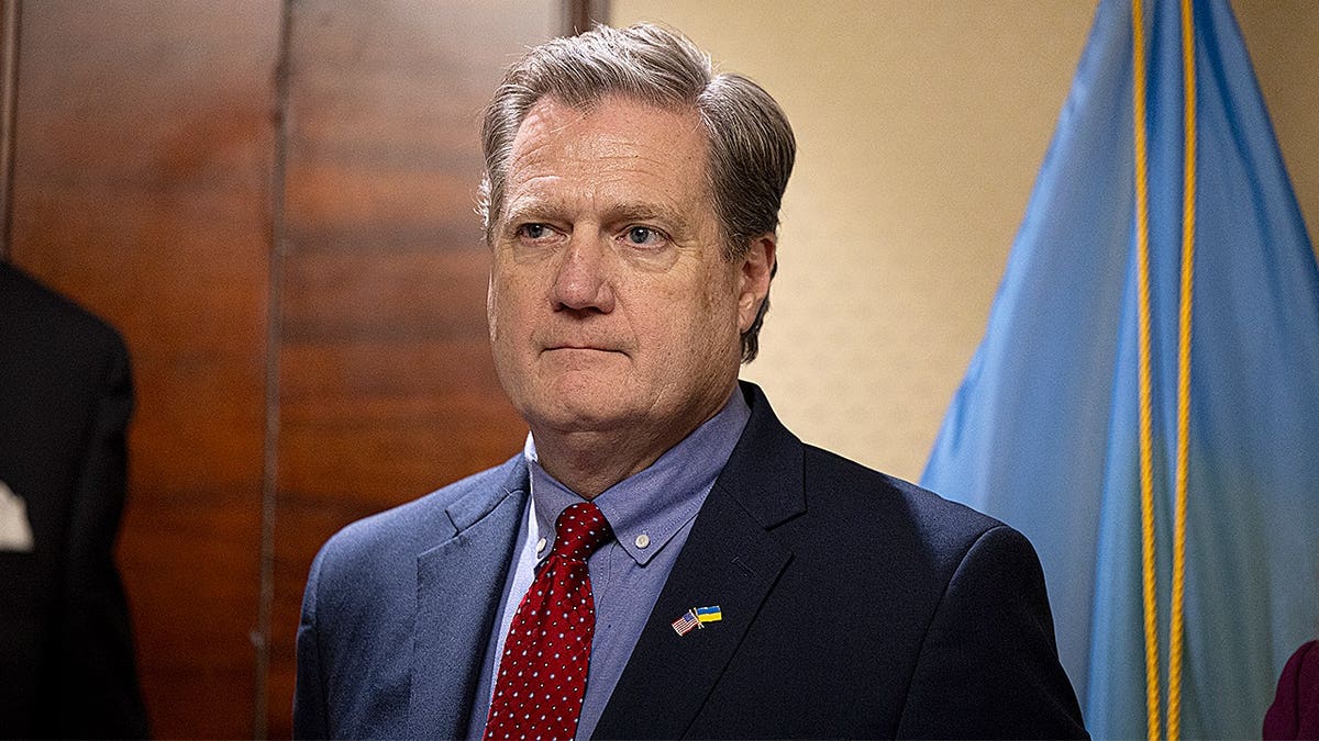 Rep. Mike Turner speaking at a press conference in Kyiv, Ukraine.