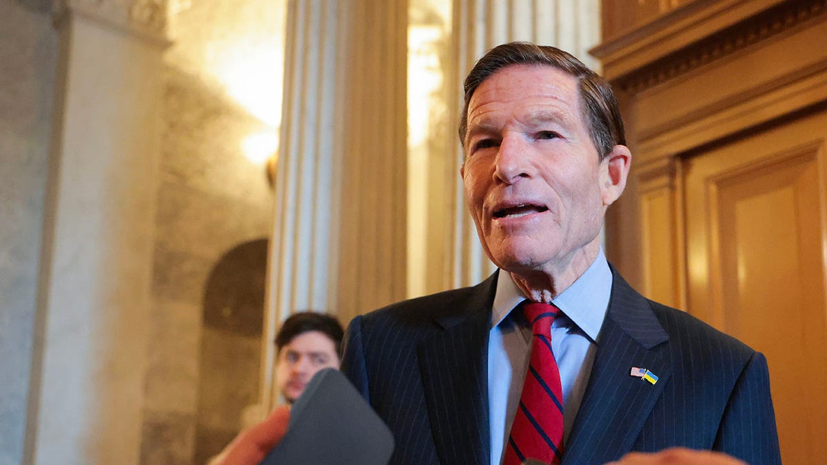 Sen. Richard Blumenthal speaking to press outside Senate Chambers in Washington, D.C.