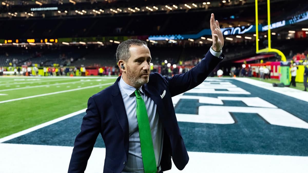 Philadelphia Eagles general manager Howie Roseman standing against the Kansas City Chiefs during Super Bowl LIX