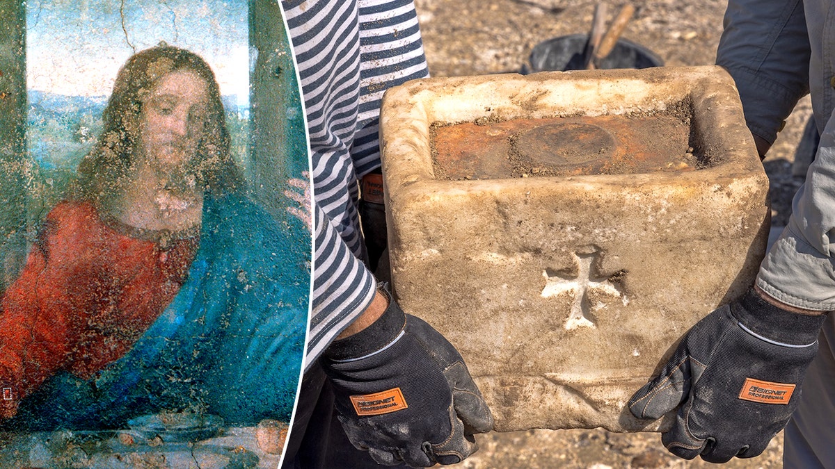 Split image of Jesus, excavators holding marble object with cross