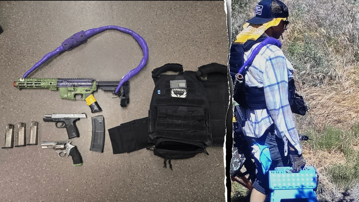 Split image shows suspect Sean Steiner at the scene, carrying what authorities describe as an AR pistol painted with phrases from The Joker, an evil character in the