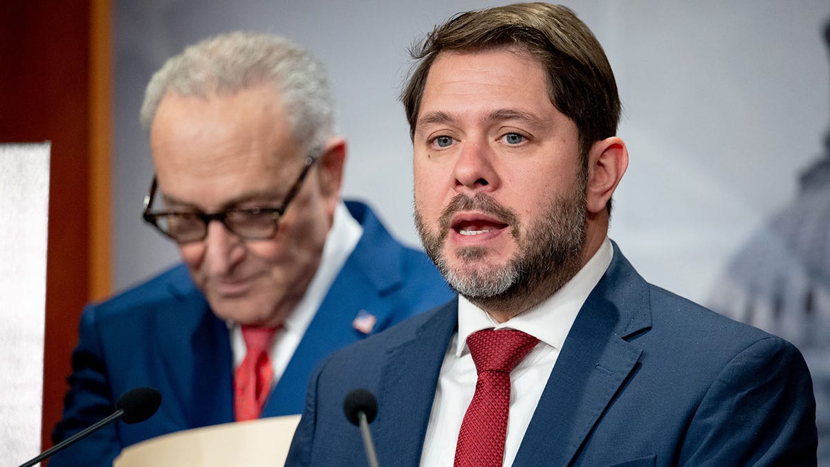 Sen. Ruben Gallego and Senate Minority Leader Chuck Schumer speaking at a news conference at the US Capitol