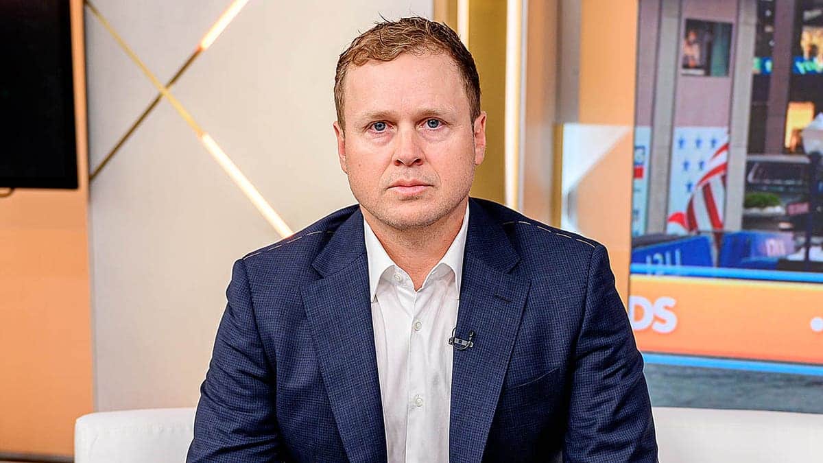 Spencer Pratt wearing a blue suit visiting Fox & Friends studio in New York City