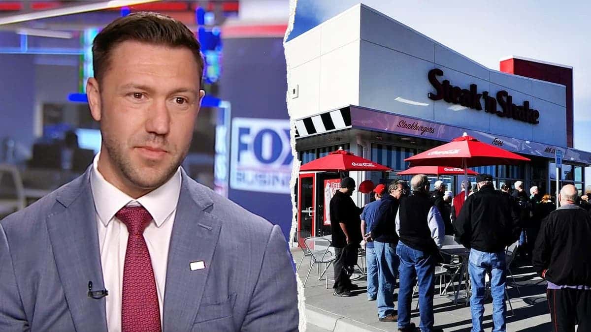 Michael Boes, left, pictured alongside a crowd of customers outside of a Steak 'n Shake, right.