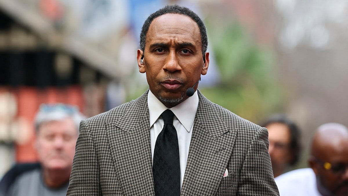 Stephen A. Smith standing on a television set in New Orleans Louisiana