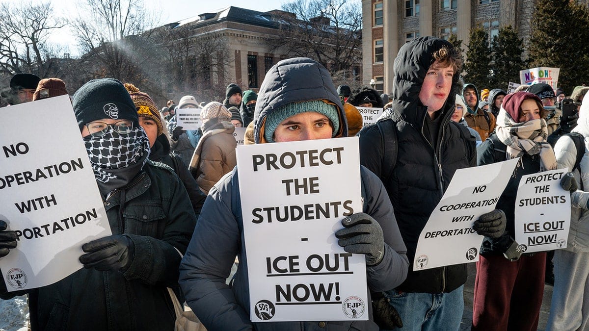 Students protesting against ICE during a walkout at the University of Minnesota in Minneapolis