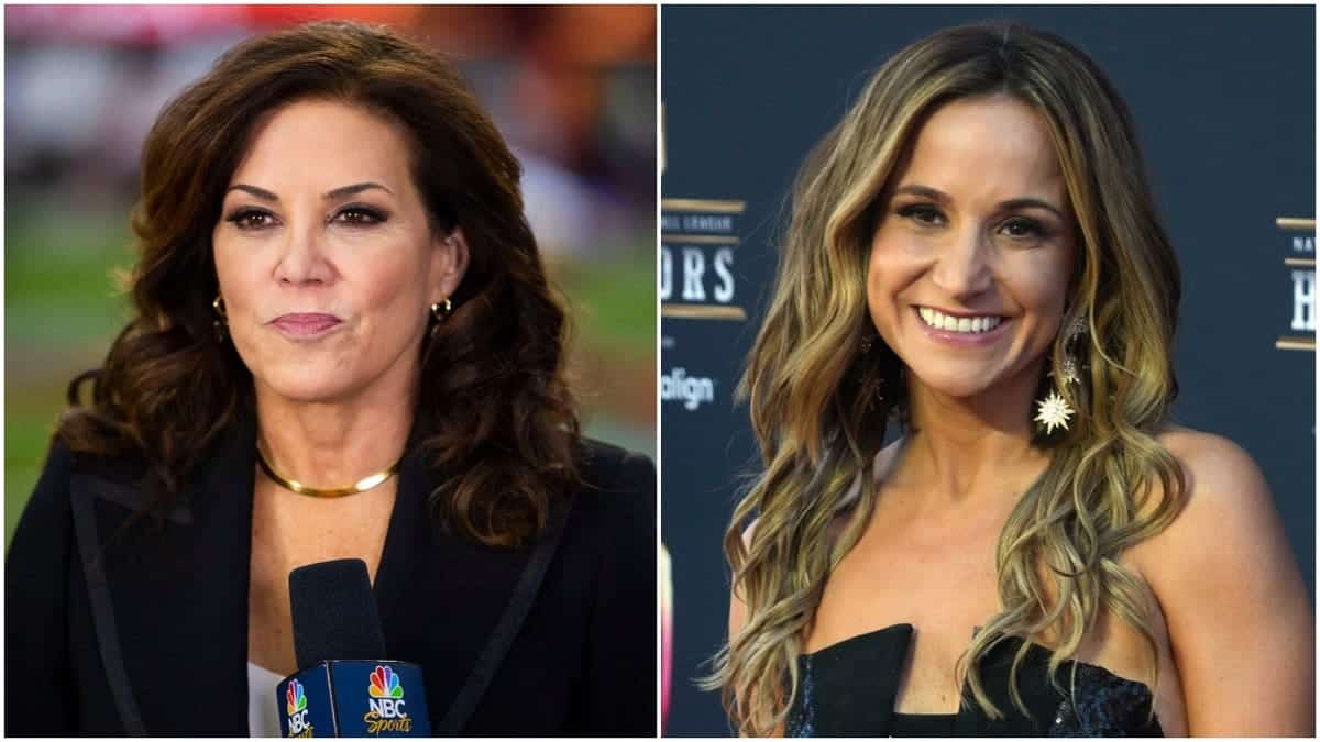 Side-by-side photo of Michele Tafoya and Dianna Russini, with Tafoya holding an NBC Sports microphone and Russini posing at an event.