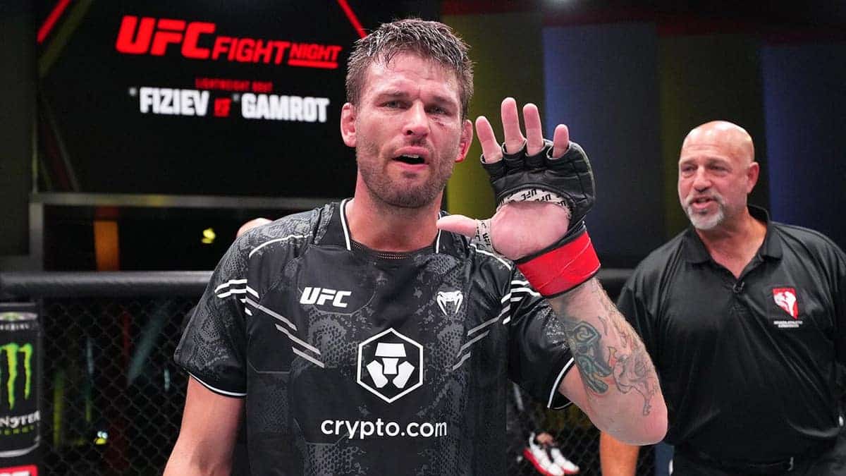 Tim Means reacting after TKO victory in UFC Fight Night welterweight fight