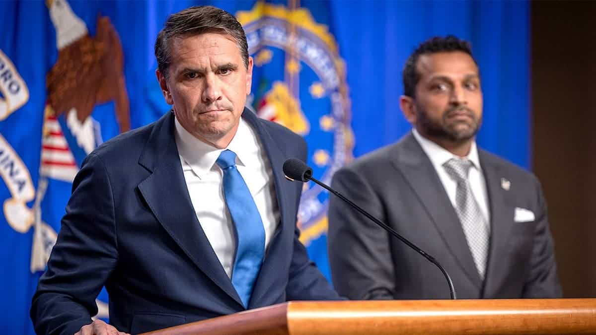 Todd Blanche speaks at Justice Department press conference with FBI Director Kash Patel.
