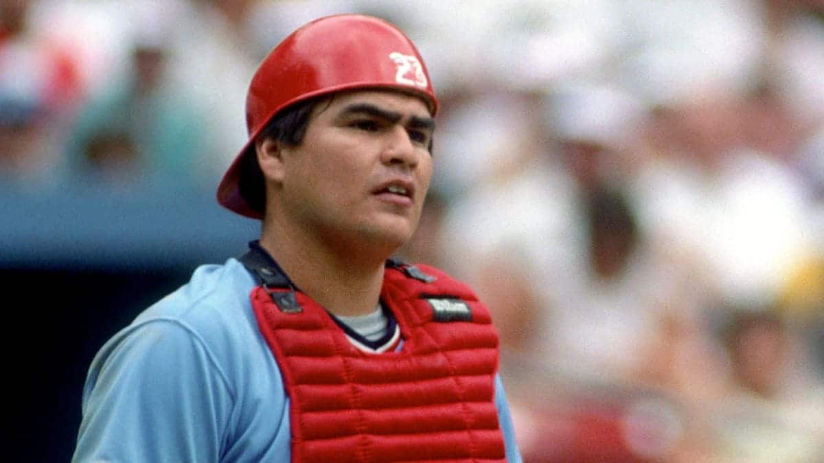 Catcher Tom Nieto of the St. Louis Cardinals standing on the field during a baseball game.