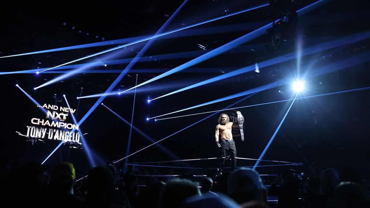 Tony D'Angelo celebrating in wrestling ring at NXT Stand and Deliver event
