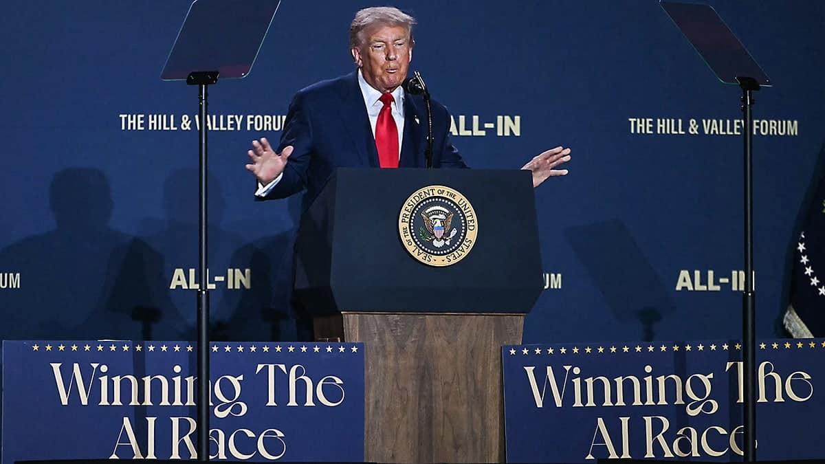 President Donald Trump delivering remarks at the AI Summit in Washington, D.C.