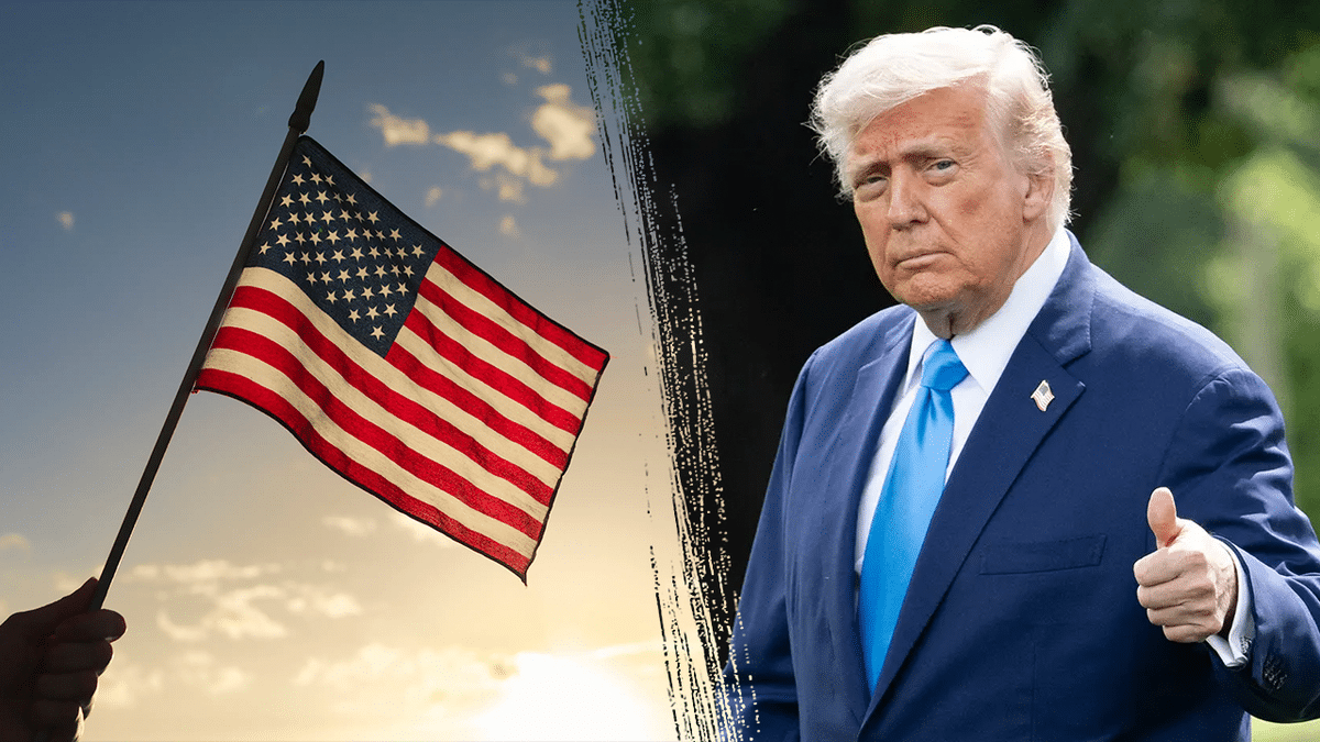 Side by side of an American flag and President Donald Trump