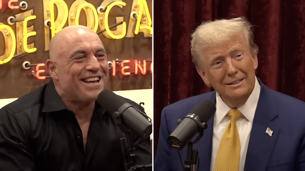 Donald Trump and Joe Rogan laughing during an interview