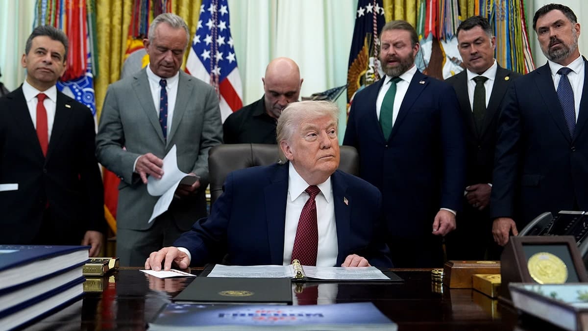 President Donald Trump speaking before signing an executive order in the Oval Office