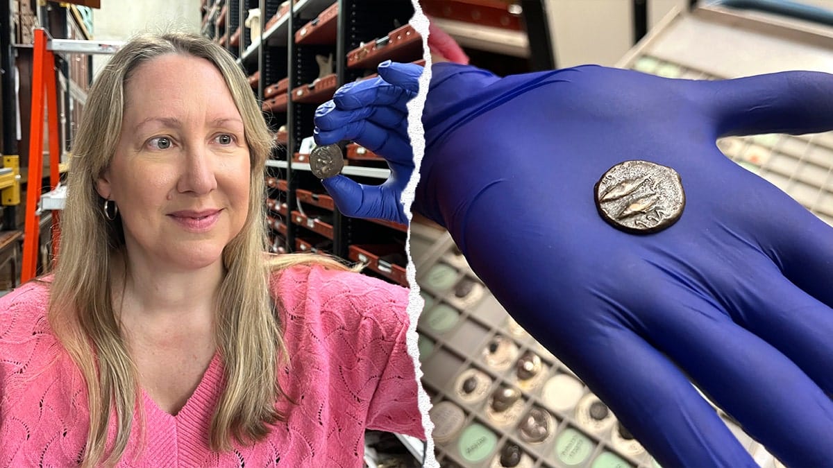 Split image of woman smiling, holding coin