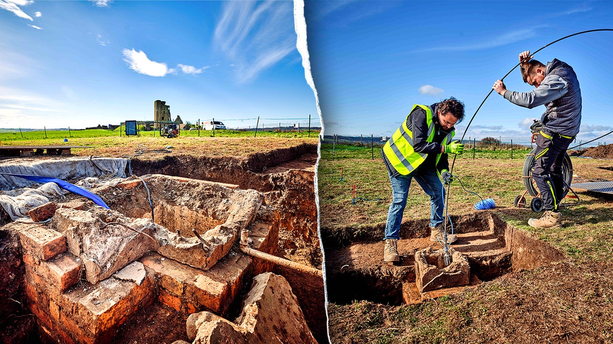 Split image of bunker near castle, excavators working at site