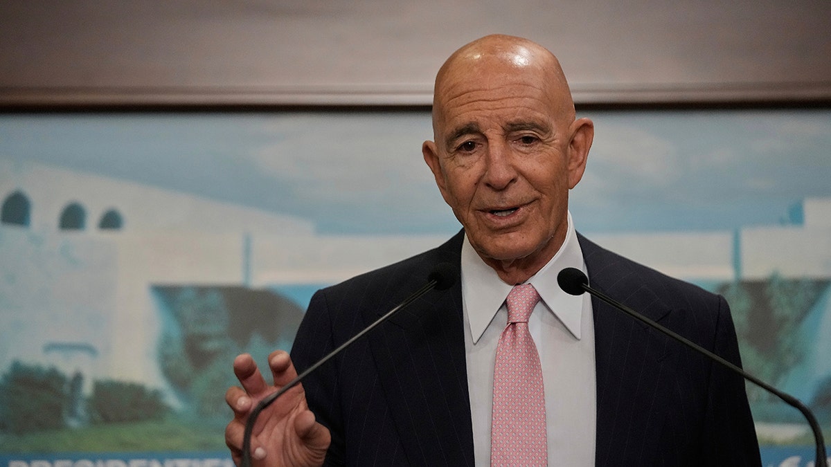 U.S. Ambassador Tom Barrack speaking at a press conference in Baabda, Lebanon