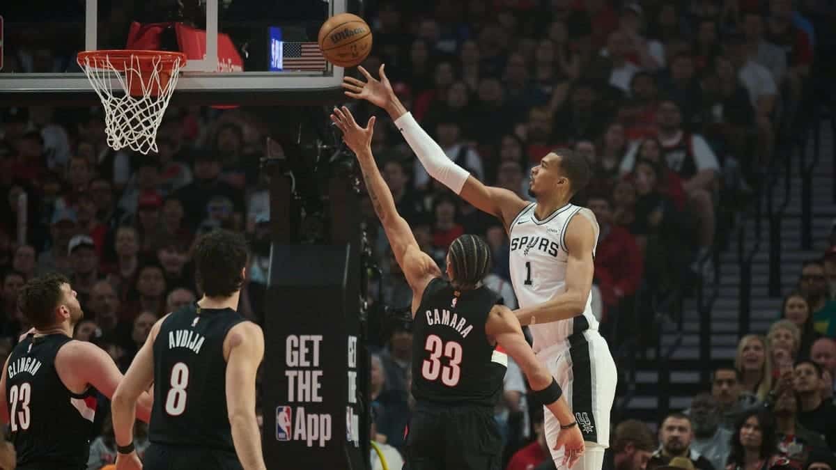 San Antonio Spurs big Victor Wembanyama shoots a finger roll over the Portland Trail Blazers during Game 4 in their first-round series in the 2026 NBA Playoffs at Moda Center in Oregon.