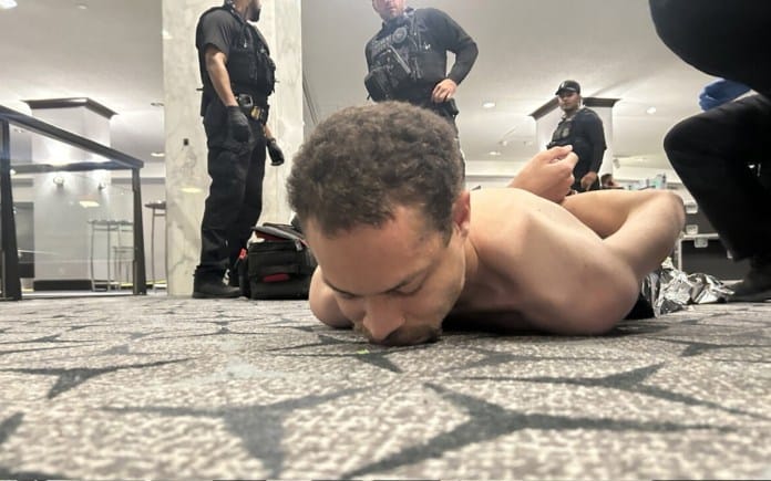 Trump shared on Truth Social video of the suspect at tonight's White House Correspondents' Dinner. In the clip, a person is seen running through a hallway where several security personnel are standing. After he runs by, at least seven law enforcement personnel draw their guns and charge after him. (Donald Trump / Trush Social)