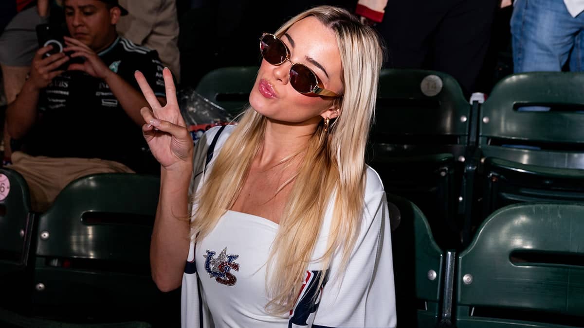 Livvy Dunne posing during 2026 World Baseball Classic game at Daikin Park in Houston