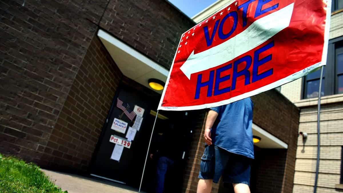 Voters entering the Tridelphia Middle School polling place in Wheeling, West Virginia