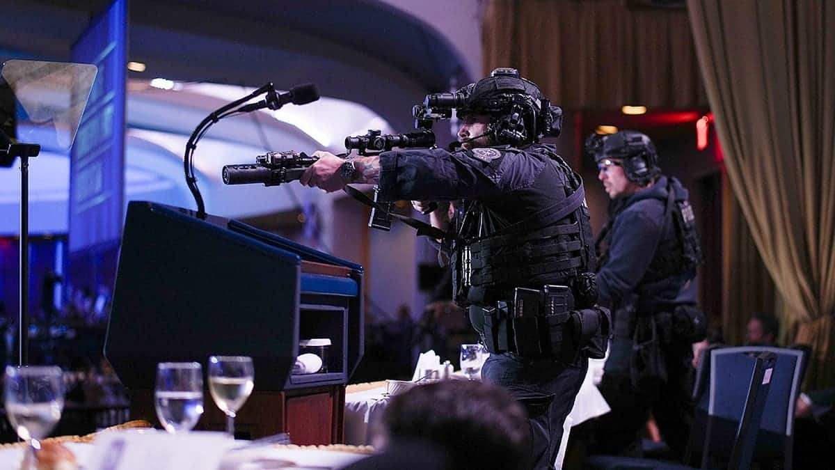 Agents standing guard at the White House Correspondents Association Dinner venue in Washington, D.C.