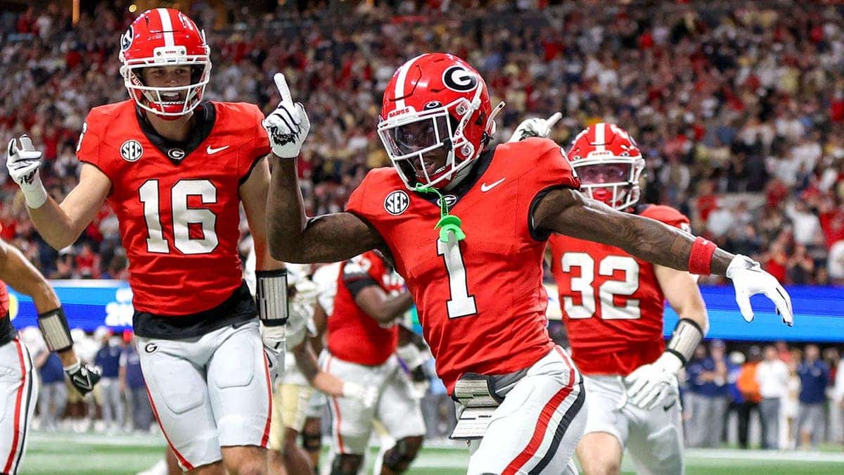 Georgia Bulldogs wide receiver Zachariah Branch celebrating a touchdown catch at Mercedes-Benz Stadium