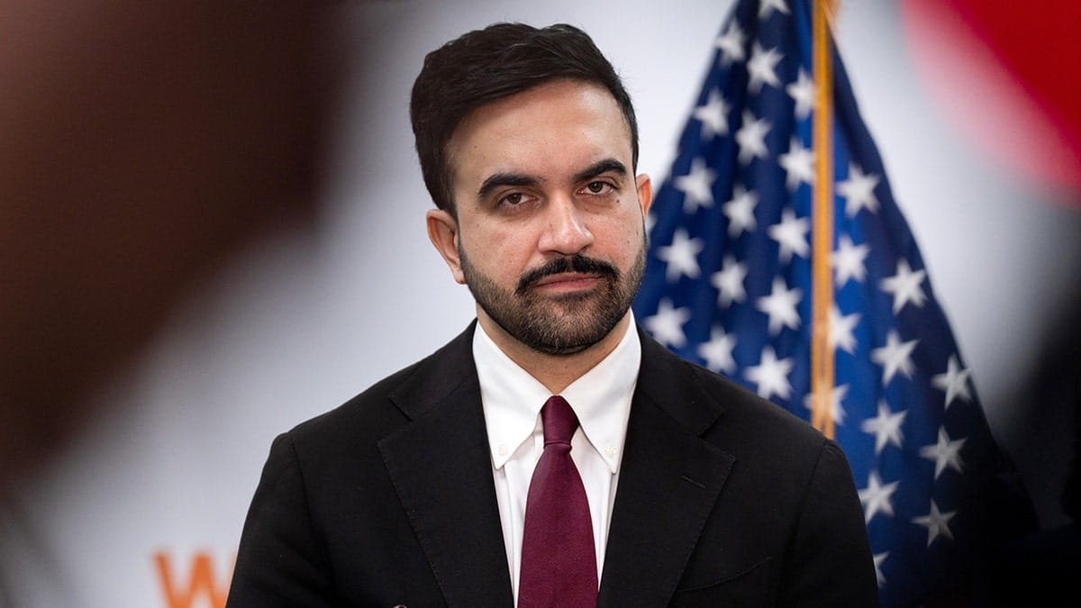 Zohran Mamdani speaking at a news conference at WIN NYC family shelter in New York