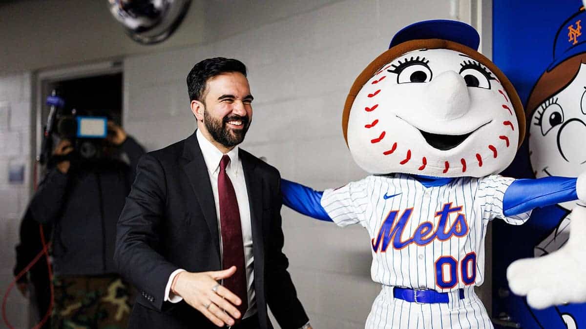 New York City Mayor Zohran Mamdani meeting Mr. Met at Citi Field