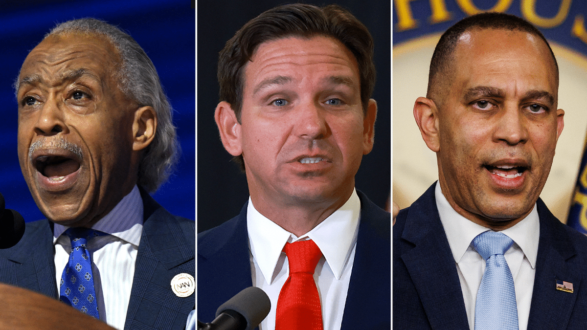 3 photos arranged showing Sharpton, DeSantis, and Hakeem Jeffries