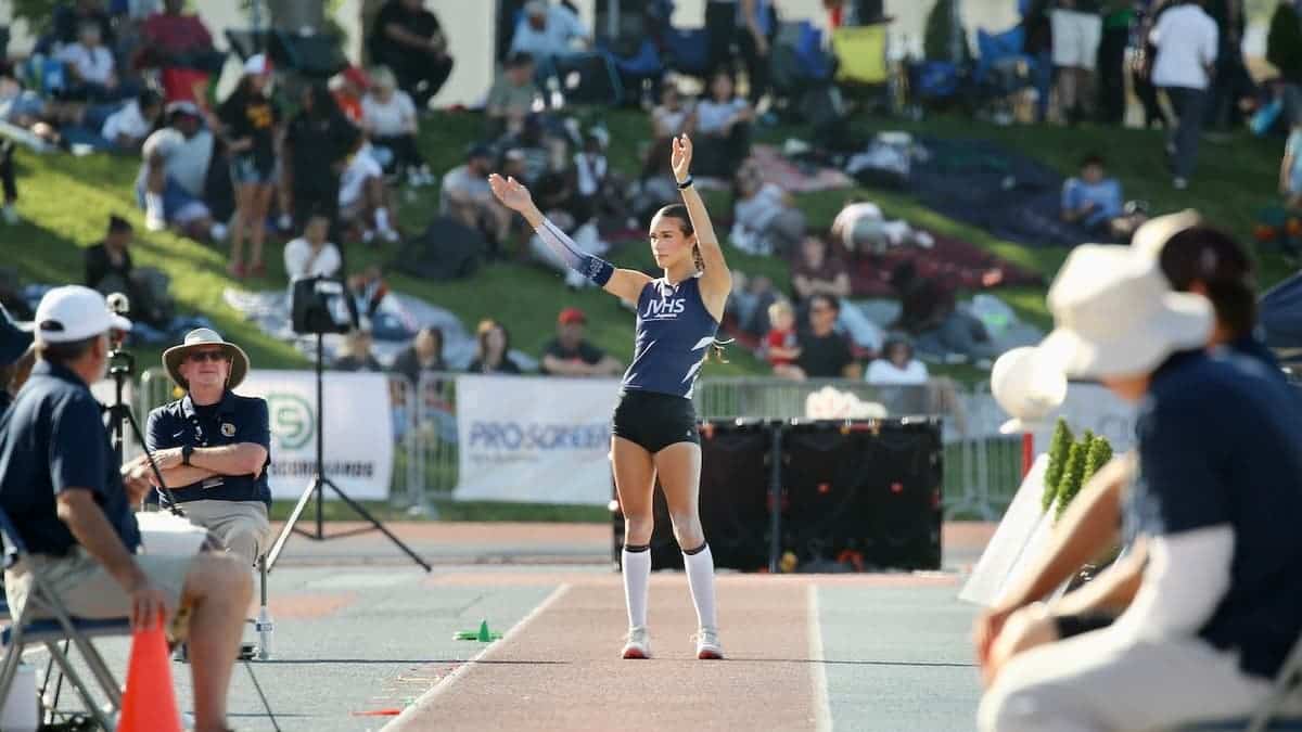 AB Hernandez about to jump for the athlete's last meet in high school on Saturday, Sept. 31, 2026 at Veteran's Memorial Stadium in Clovis, California.