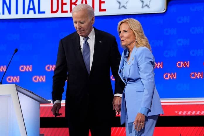 First lady Jill Biden, right, stands with President Joe Biden at the conclusion of a presidential debate with Republican presidential candidate former President Donald Trump hosted by CNN, Thursday, June 27, 2024, in Atlanta.