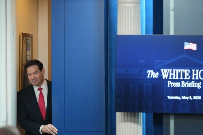 Secretary of State Marco Rubio arrives to speak at a press briefing in the James Brady Press Briefing Room at the White House in Washington, Tuesday, May 5, 2026.