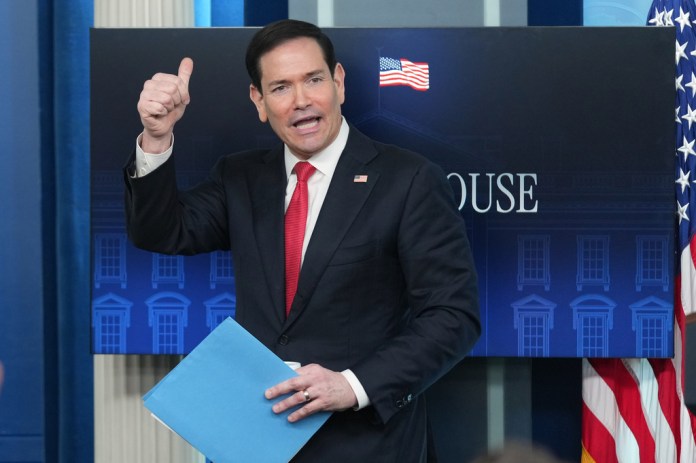 Secretary of State Marco Rubio gestures after speaking at a press briefing in the James Brady Press Briefing Room at the White House in Washington, Tuesday, May 5, 2026.