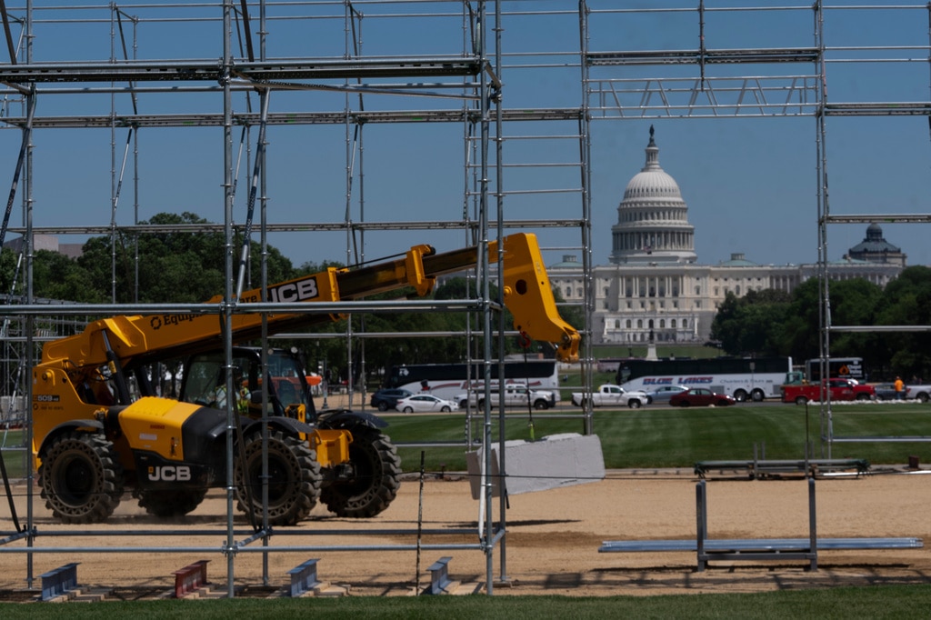 Workers begin construction on the National Mall for the Great American State Fair, part of the America 250 anniversary celebration, in Washington, Tuesday, May 5, 2026.