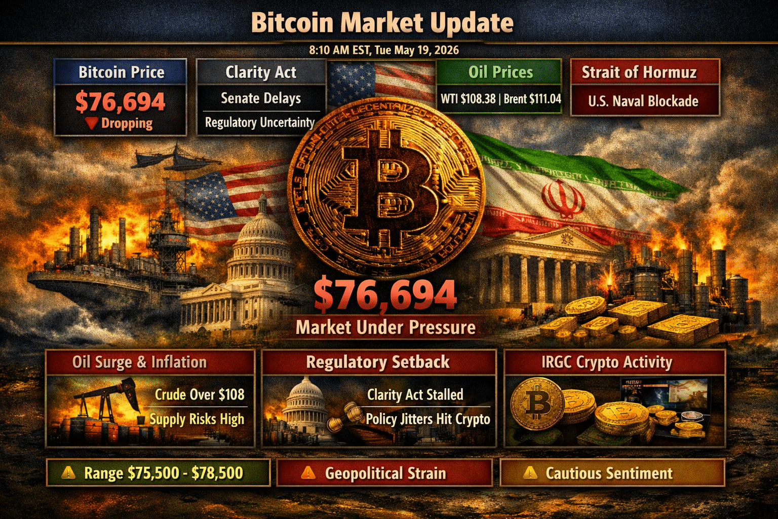 Bitcoin Slips Below $77K as Oil Spikes and the CLARITY Act Stalls in Washington