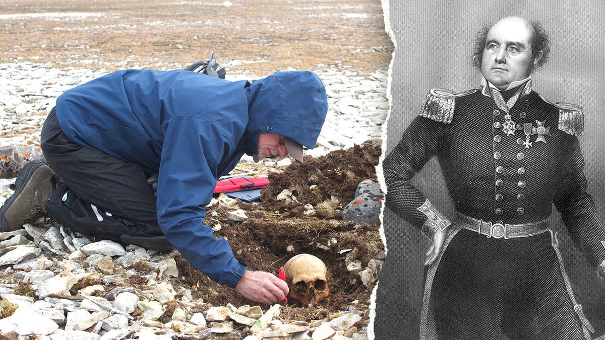 Stenton analyzing site of remains next to portrait or Franklin