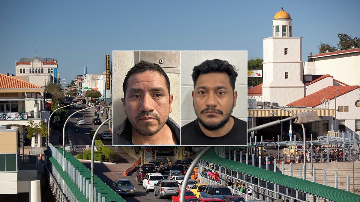 Border crossing with two suspect mugshots overlay