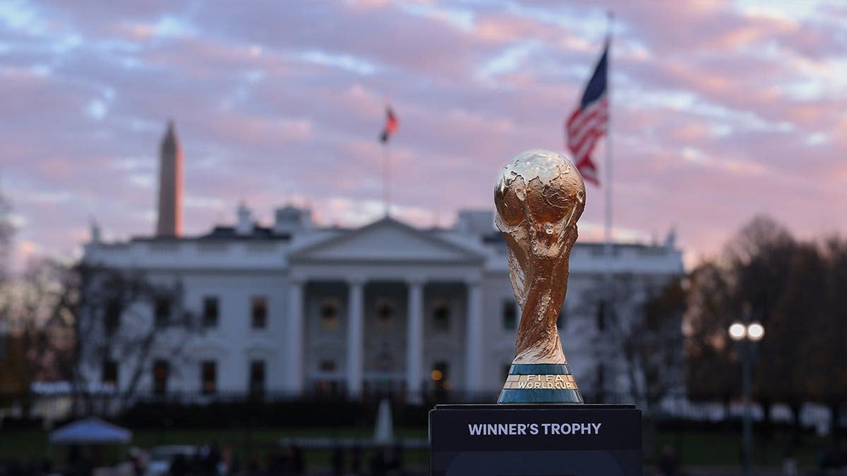 The FIFA World Cup Trophy displayed outside the White House
