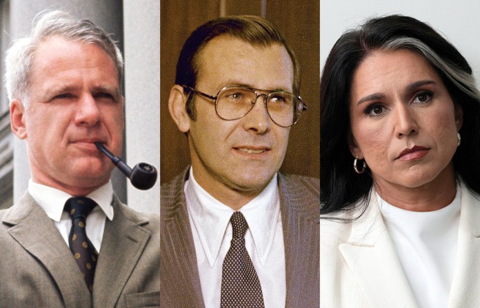 James Schlesinger, left, figured in Cabinet shake-ups in both the Nixon and Carter administrations, while Donald Rumsfeld, center, had roles in shuffles by Presidents Richard Nixon and George W. Bush; Tulsi Gabbard, right, left the administration of President Donald Trump after being thought widely to be out of sympathy with the administration’s foreign policy. (Schlesinger, Bettmann / Corbis / Getty; Rumsfeld, AP; Gabbard, Alex Brandon/AP)